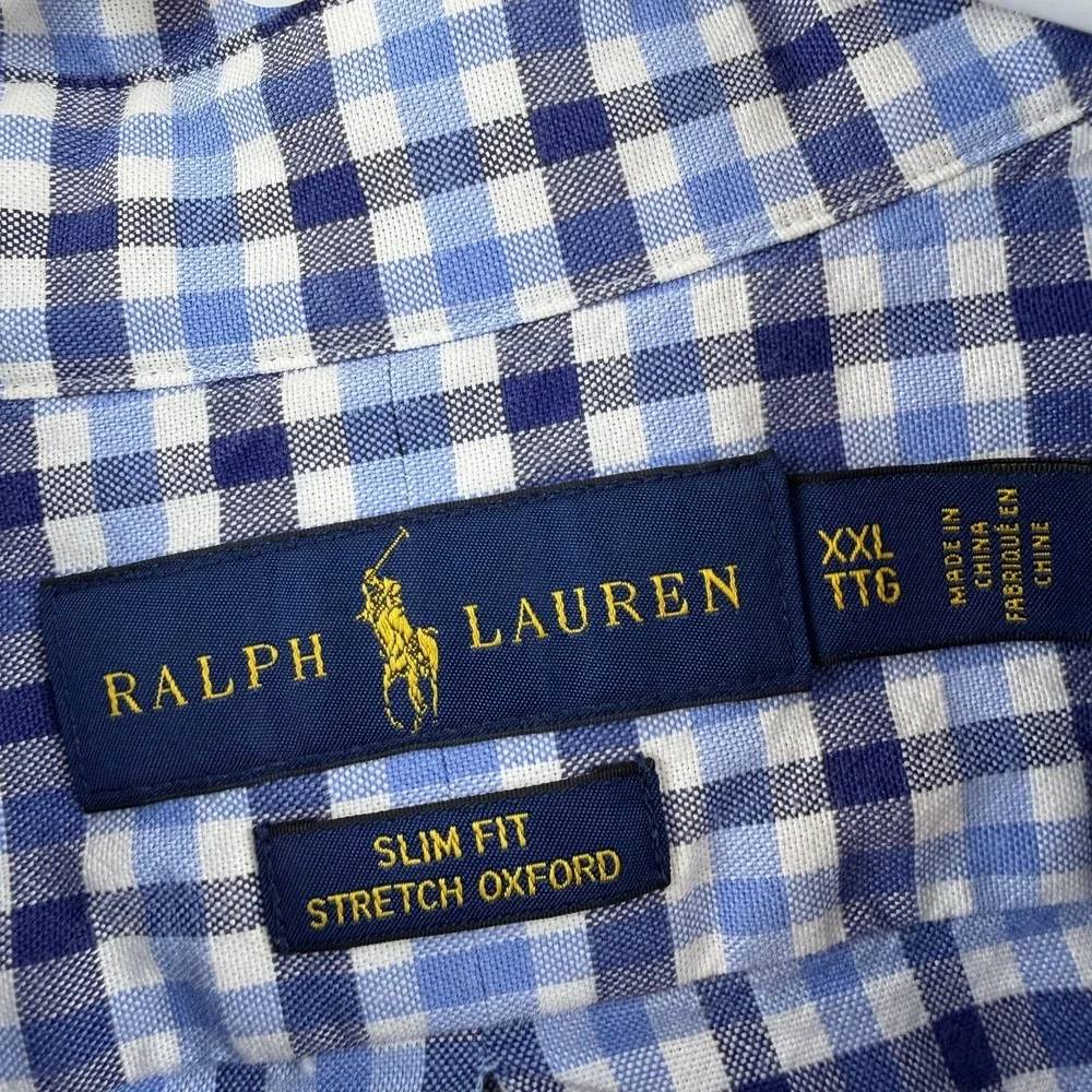 Ralph Lauren Shirt Mens 2XL Blue Check Slim Fit Stretch Oxford Button Down Pony